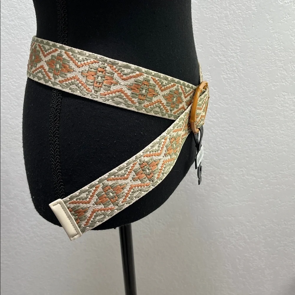 Womens Woven Aztec Embroidered Pattern Waist Belt Round Buckle Beige & Olive 19”